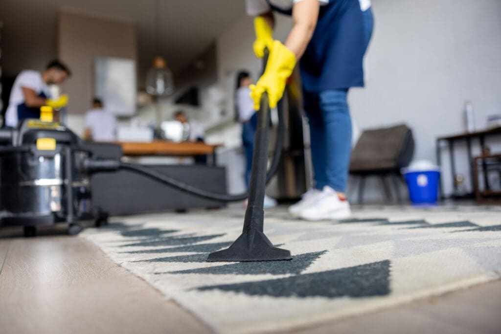 Close-up on a professional cleaner vacuuming a carpet while working at an apartment