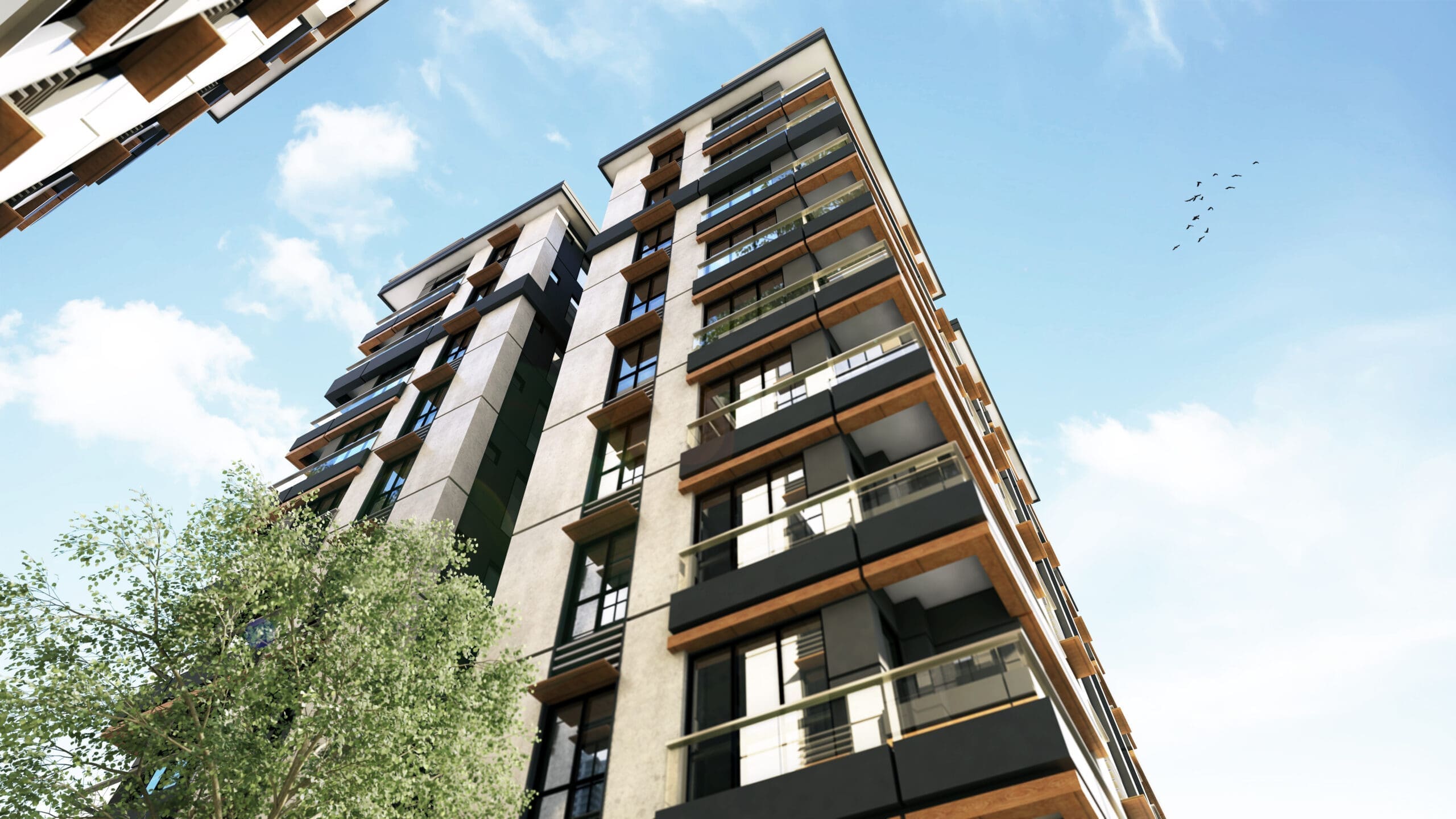 External view of a high rise apartment building from ground level